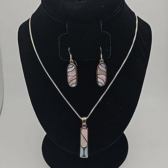 Necklace and Earrings 925 Mother of Pearl Blue Pink White 925 Box Chain 19" - Picture 1 of 9
